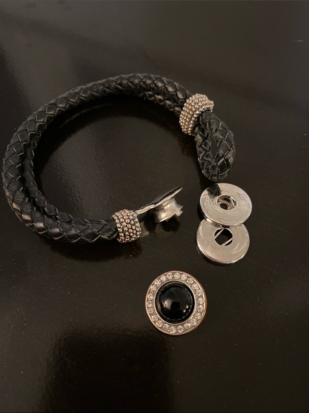 Snap Black Braided Leather Bracelet 8” - Needs Repair - with Charm